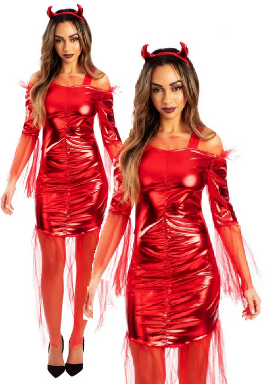 Red Devil Costume Ladies Halloween Fancy Dress Outfit Devils + Horns