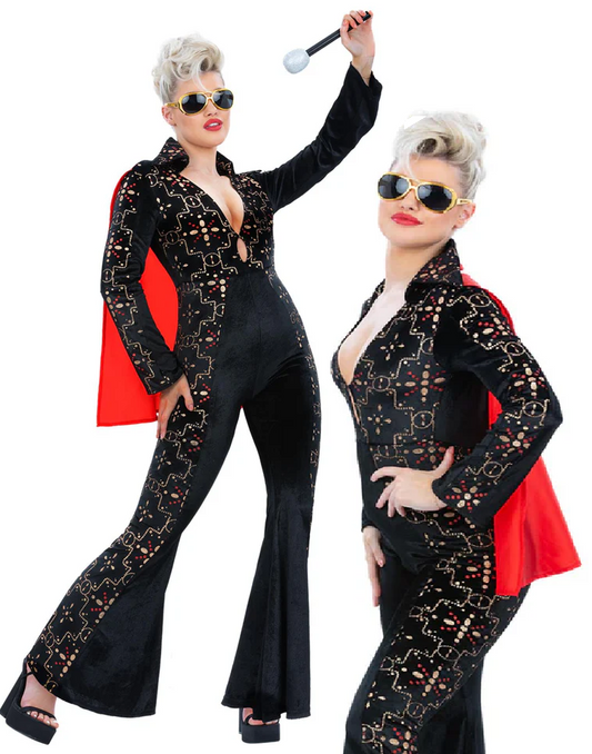 Elvis Black Rhinestone Ladies Jumpsuit 50s Rock & Roll Fancy Dress Costume