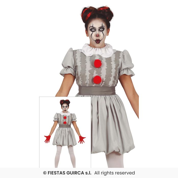 Grey Clown Ladies Penny Clown Adults Halloween Fancy Dress Costume UK 8-16