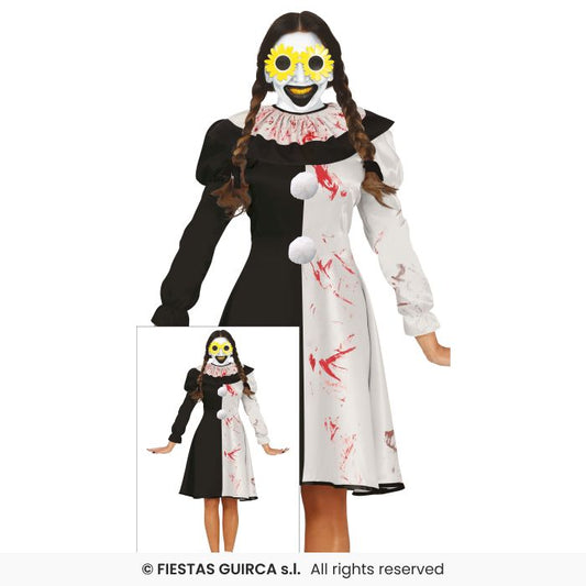Ladies Halloween Black & White Clown Terrorific Fancy Dress Costume UK 8-16