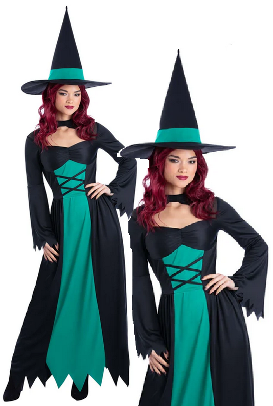Bewitched Green Costume Ladies Halloween Witch Fancy Dress Outfit Witches UK 8-22