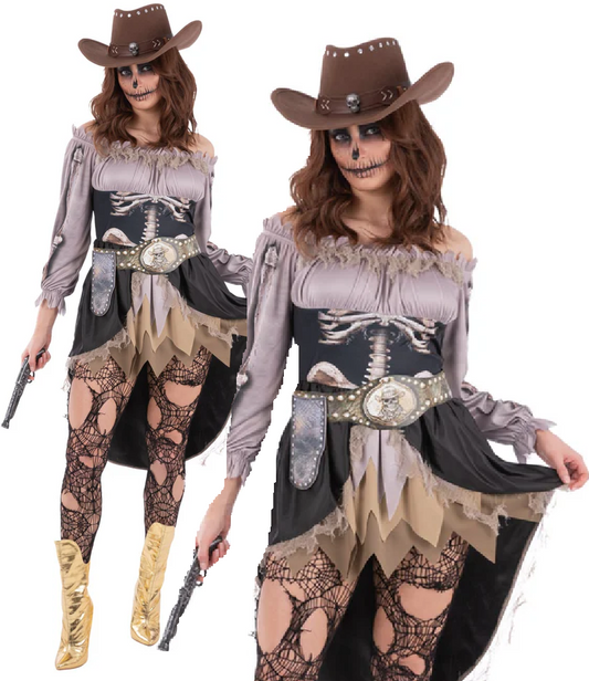 Skeleton Saloon Girl Costume Halloween Wild West Fancy Dress Outfit Ladies