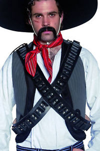 Authentic Western Leather Bullet Belt Bandolier Black Mens Cowboy Sheriff Fancy Dress