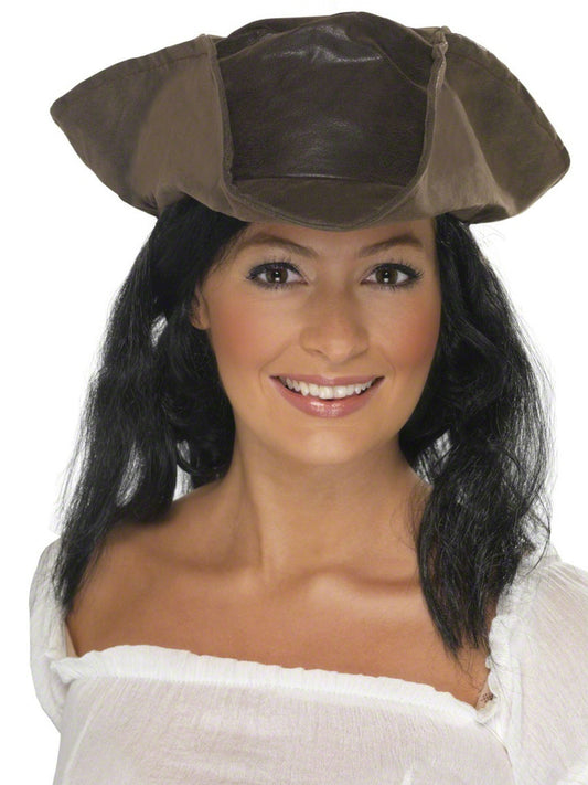 Brown Leather Look Pirate Hat Ladies Mens Tricon Hat Fancy Dress Pirates Accessory