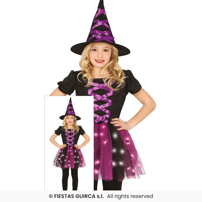 LED Witch Girls Pink Light Up Tutu Witches Halloween Fancy Dress Costume Age 3-12