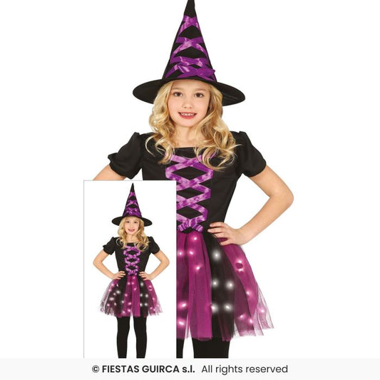 LED Witch Girls Pink Light Up Tutu Witches Halloween Fancy Dress Costume Age 3-12