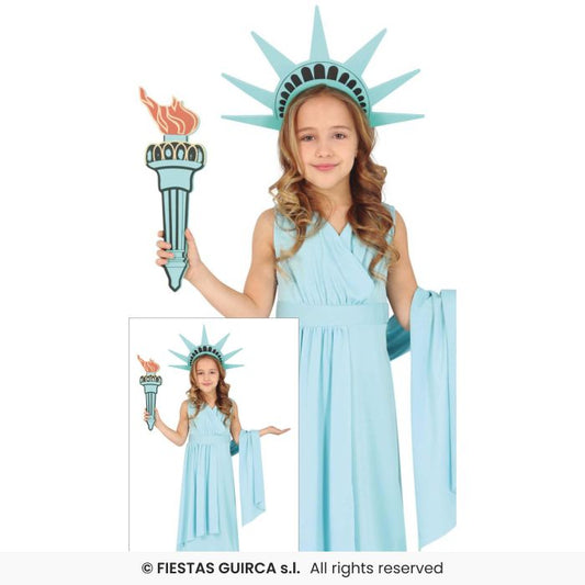 Statue Of Liberty Girls Fancy Dress Costume National Dress Kids + Torch Age 3-12