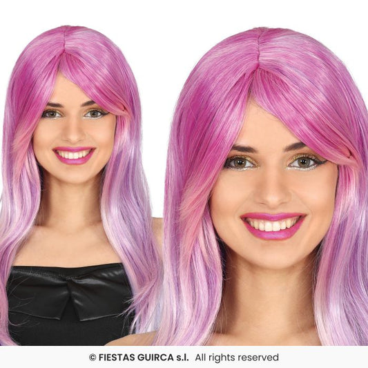 Ladies Long Pink & Purple Wavy Wig Womens Fancy Dress Accessory