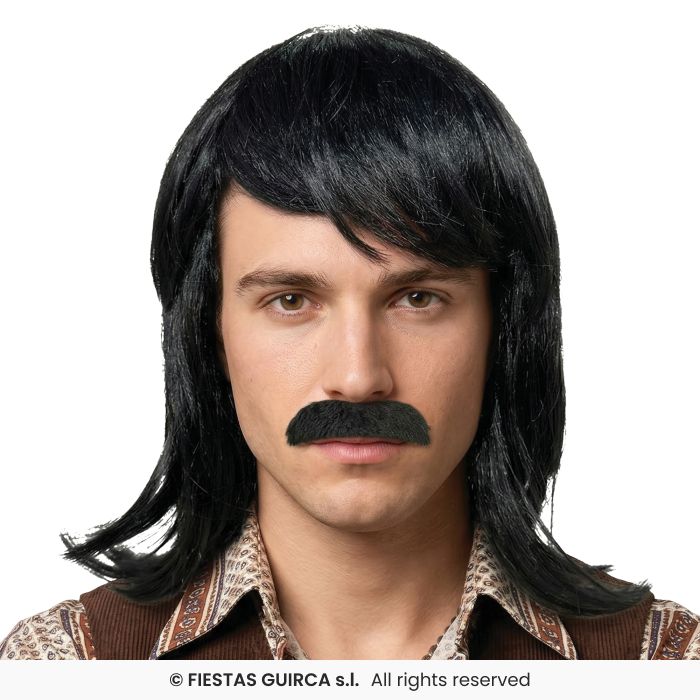 Long Black Wig With Moustache Adults Retro Disco 60s 70s Fancy Dress Accessory