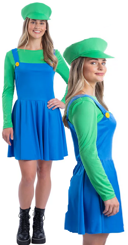 Green Plumber Costume Ladies Videogame Character Fancy Dress Outfit UK 8-18