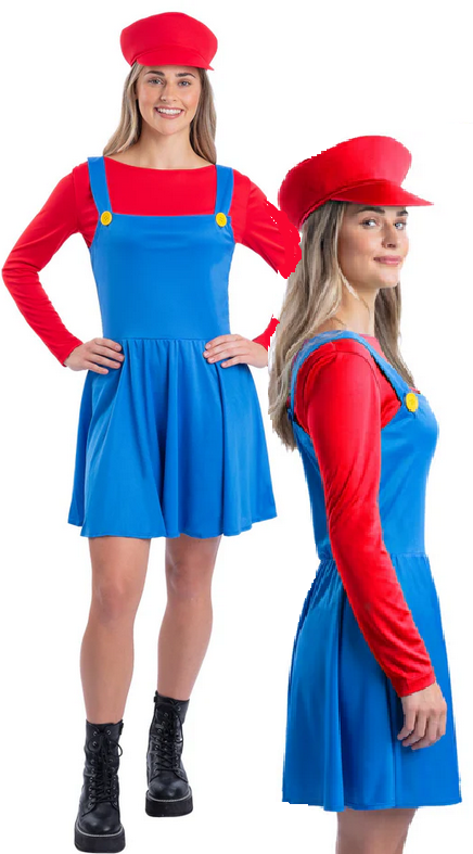 Red Plumber Costume Ladies Videogame Character Fancy Dress Outfit UK 8-18