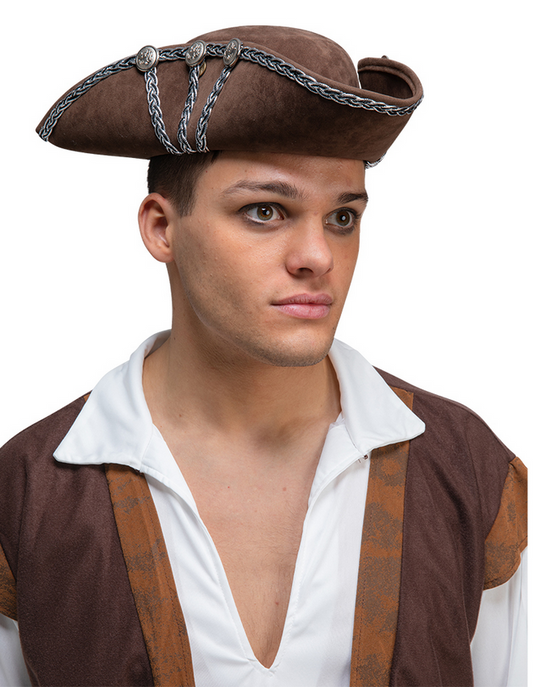 Deluxe Brown Pirate Hat w/Silver Trim