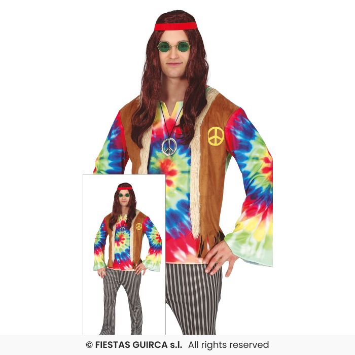 Mens Hippie Costume Retro 60s 70s Hippy Adults Fancy Dress Outfit Peace M-XL