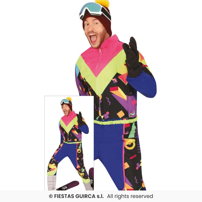Mens Aztec Neon Retro Skier Costume 1980s Fancy Dress Outfit Ski Instructor M-XL