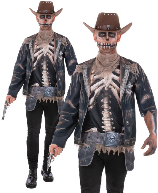 Skeleton Outlaw Costume Cowboy Western Wild West Mens Halloween Fancy Dress Outfit