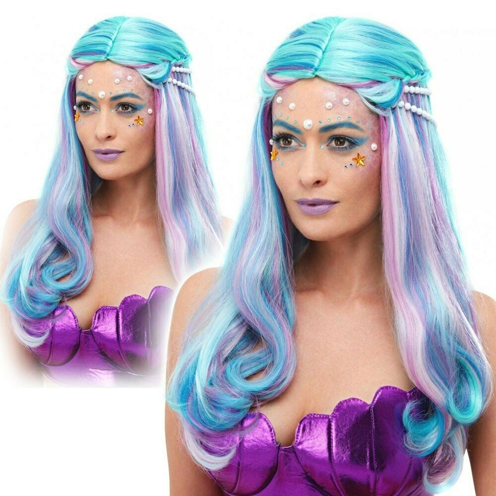 Womens Mermaid Pastel Wig Unicorn Adult Fairy Tale Fancy Dress Outfit Accessory