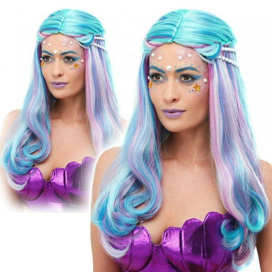 Womens Mermaid Pastel Wig Unicorn Adult Fairy Tale Fancy Dress Outfit Accessory