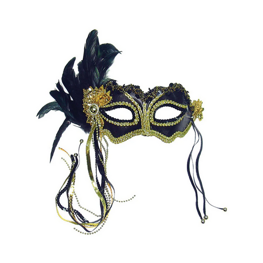Black Metallic Mask With Feathers Ladies Masked Ball Fancy Dress Eyemask