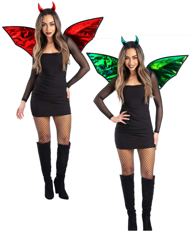 Iridescent Bat Kit Ladies Halloween Fancy Dress Set Metallic Bug Wings + Horns