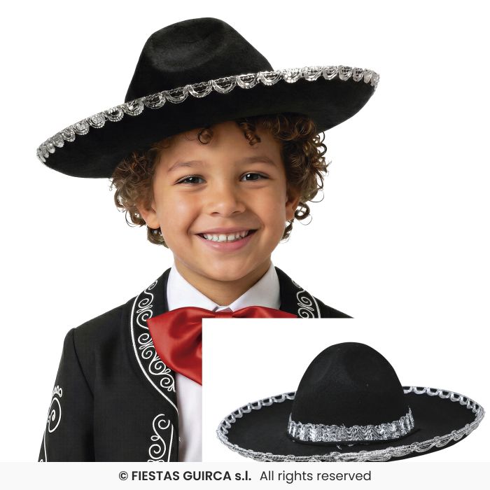 Childrens Felt Mexican Hat Black 38cm Sombrero Day Of The Dead Fancy Dress