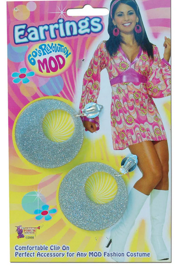 Mod Earrings 60s 70s Retro Disco Clip On Earrings Silver Glitter Fancy Dress