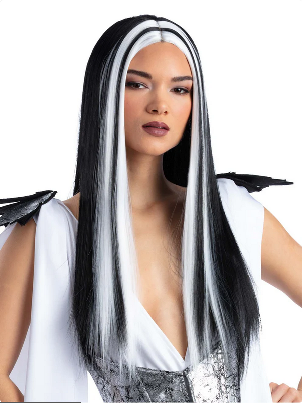 Madame Monster Wig Black With White Streaks Ladies Halloween Fancy Dress