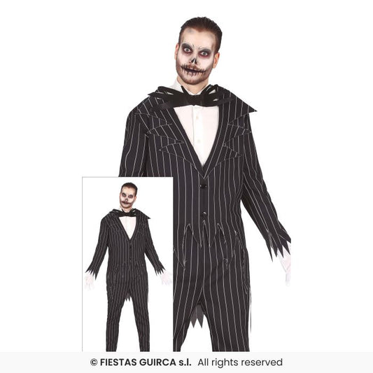 Mr Skeleton Costume Mens Pin Stripe Suit Adults Halloween Fancy Dress Outfit