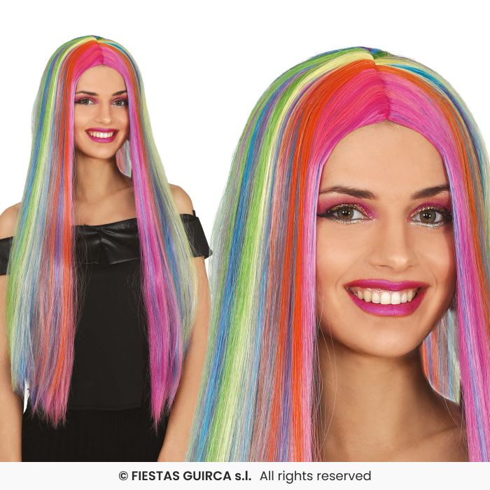 Long Multicoloured Wig Rainbow Fancy Dress Wig Adults Ladies