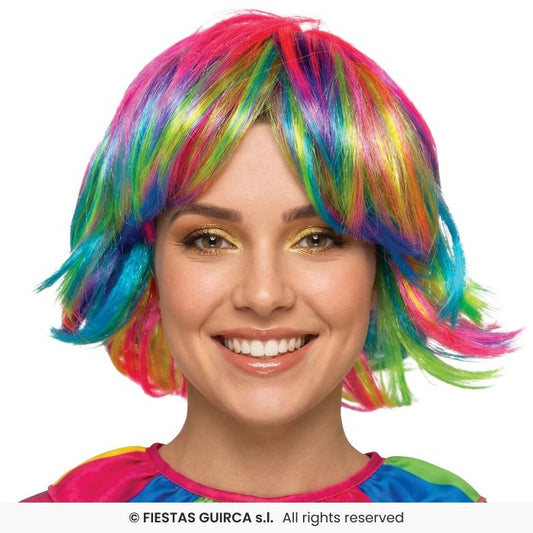 Medium Length Multi Coloured Wig Ladies 90s Fancy Dress Costume