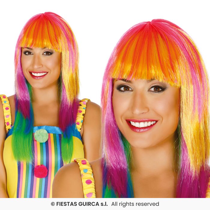Long Fringed Wig Ladies Multi Coloured Fancy Dress Wig Accessory Neon