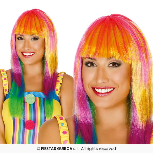 Long Fringed Wig Ladies Multi Coloured Fancy Dress Wig Accessory Neon