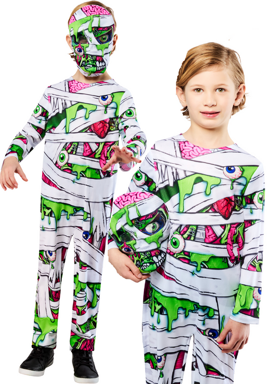 Pop Art Mummy Costume Boys Girls Halloween Fancy Dress Oufit + Mask Age 5-10