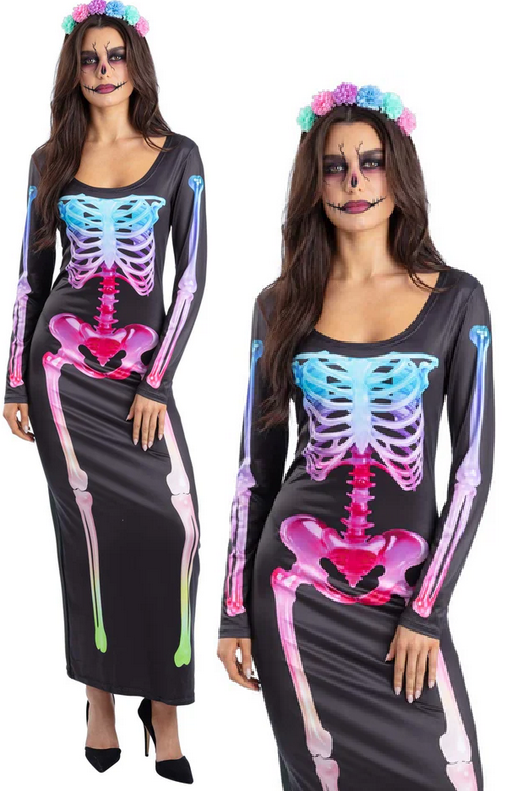 Bright Bones Skeleton Costume Ladies Halloween Fancy Dress Outfit Adults Tube Dress