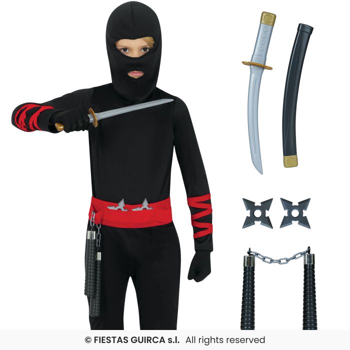 Ninja Costume WITH WEAPONS Kids Martial Arts Fancy Dress Outfit Age 4-12