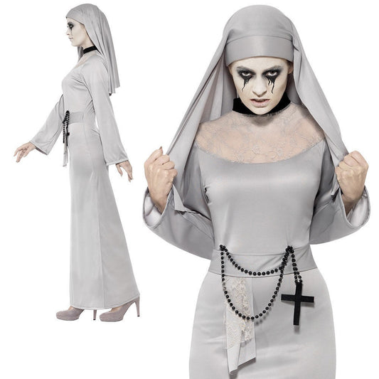 Adult Gothic Nun Costume with Cross Scary Mary Fancy Dress Halloween Outfit