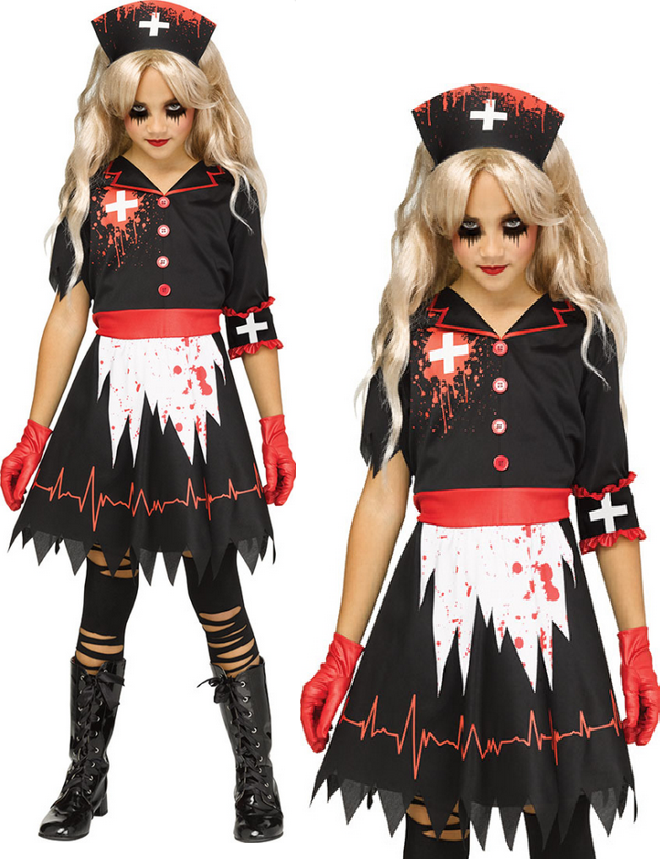 Girls Nurse Costume Scary Black Zombie Nurse Girls Halloween Fancy Dress