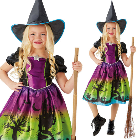 Ombre Witch Costume Childrens Halloween Witches Fancy Dress Outfit Deluxe + Hat