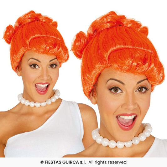 Orange Cavewoman Wig Wilma Fancy Dress Bun Hair Up Wig Adults Ladies Cosplay