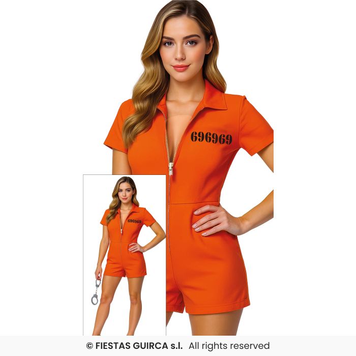 Ladies Orange Convict Jumpsuit Sexy Shorts Prisoner Fancy Dress Costume UK 8-18