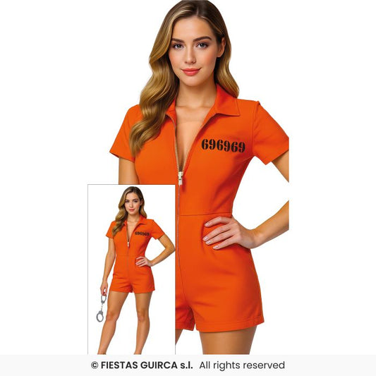 Ladies Orange Convict Jumpsuit Sexy Shorts Prisoner Fancy Dress Costume UK 8-18