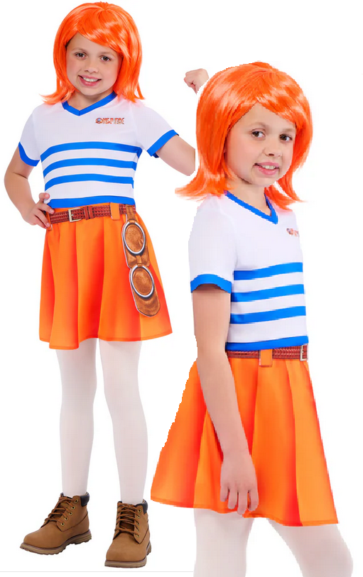 Nami Striped Costume Cosplay + Wig Fancy Dress Outfit Kids Book Day Age 3-10