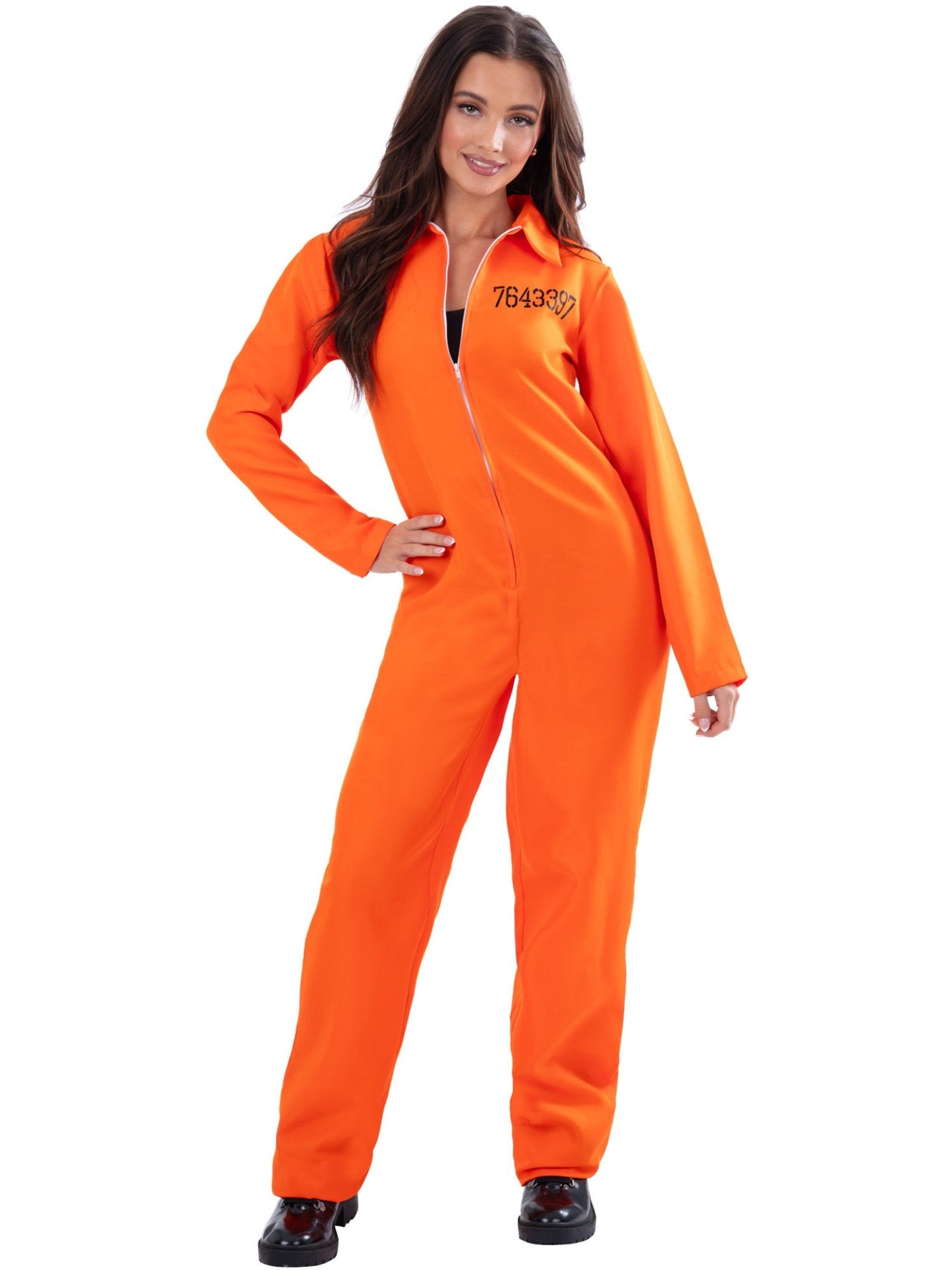 Escaped Prisoner Ladies Orange Convict Boiler Jumpsuit Halloween Fancy Dress