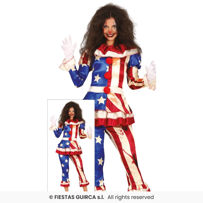 Ladies Patriot Clown Adults Halloween American Fancy Dress Costume UK 8-16
