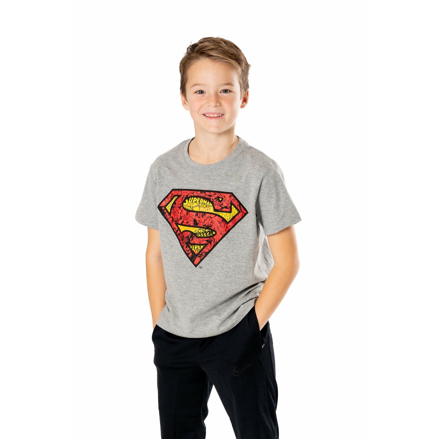 Superman Kids Grey Marl Comicstrip Logo T-Shirt