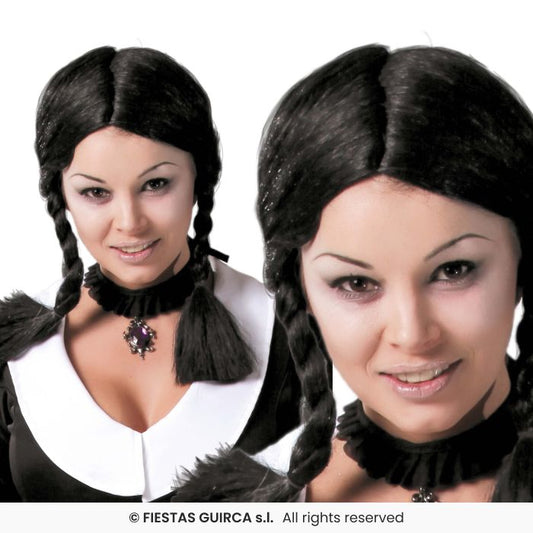 Black Pleated School Girl Wig Creepy Girl Halloween Fancy Dress Ladies Wig