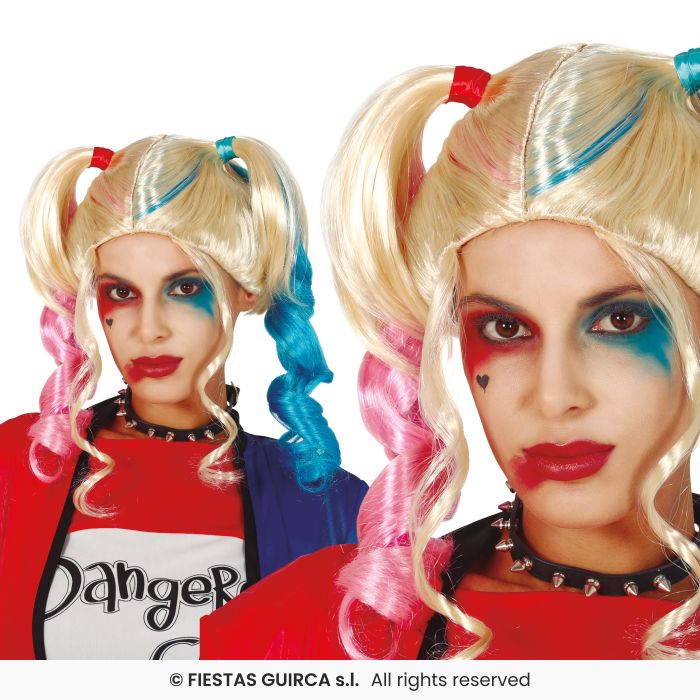 Blonde Pig Tail Wig Ladies Halloween Pigtail Multicoloured Fancy Dress Jester Wig