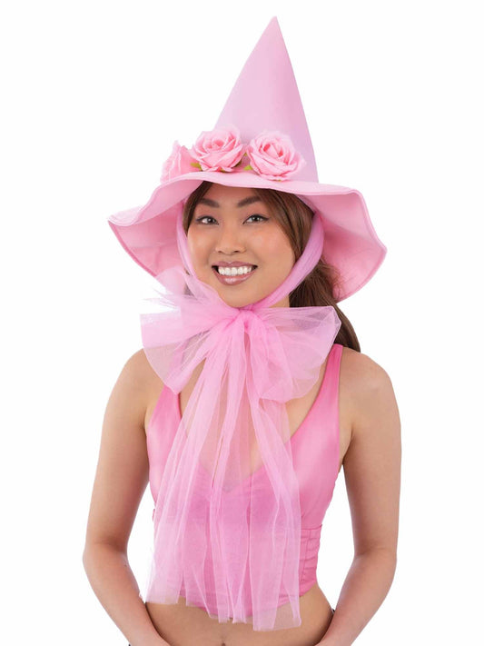 Pink Floral Good Witch Hat Ladies Halloween Witches Hat Deluxe Fancy Dress
