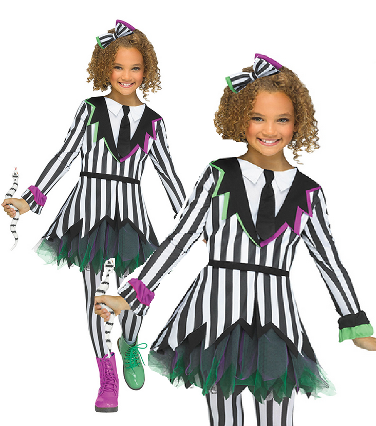 Giddy Ghostie Girls Black & White Pinstripe Dress Halloween Fancy Dress Costume