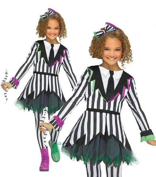 Giddy Ghostie Girls Black & White Pinstripe Dress Halloween Fancy Dress Costume