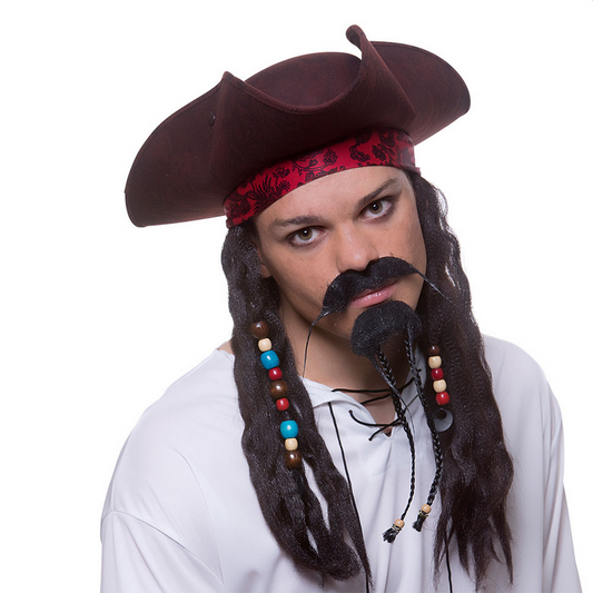 Caribbean Deluxe Pirate Hat With Hair & Beads Jack Sparrow Fancy Dress Accessory New